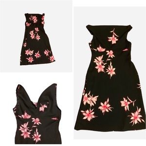 High neck/cowl dress lower cut back dress with pink flower details